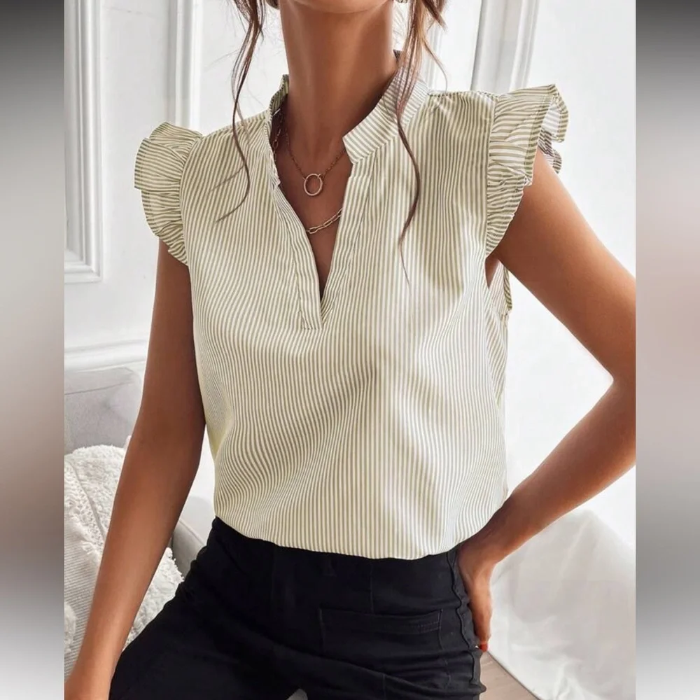 Khaki Striped Notched Neck Ruffle Sleeve Top_2